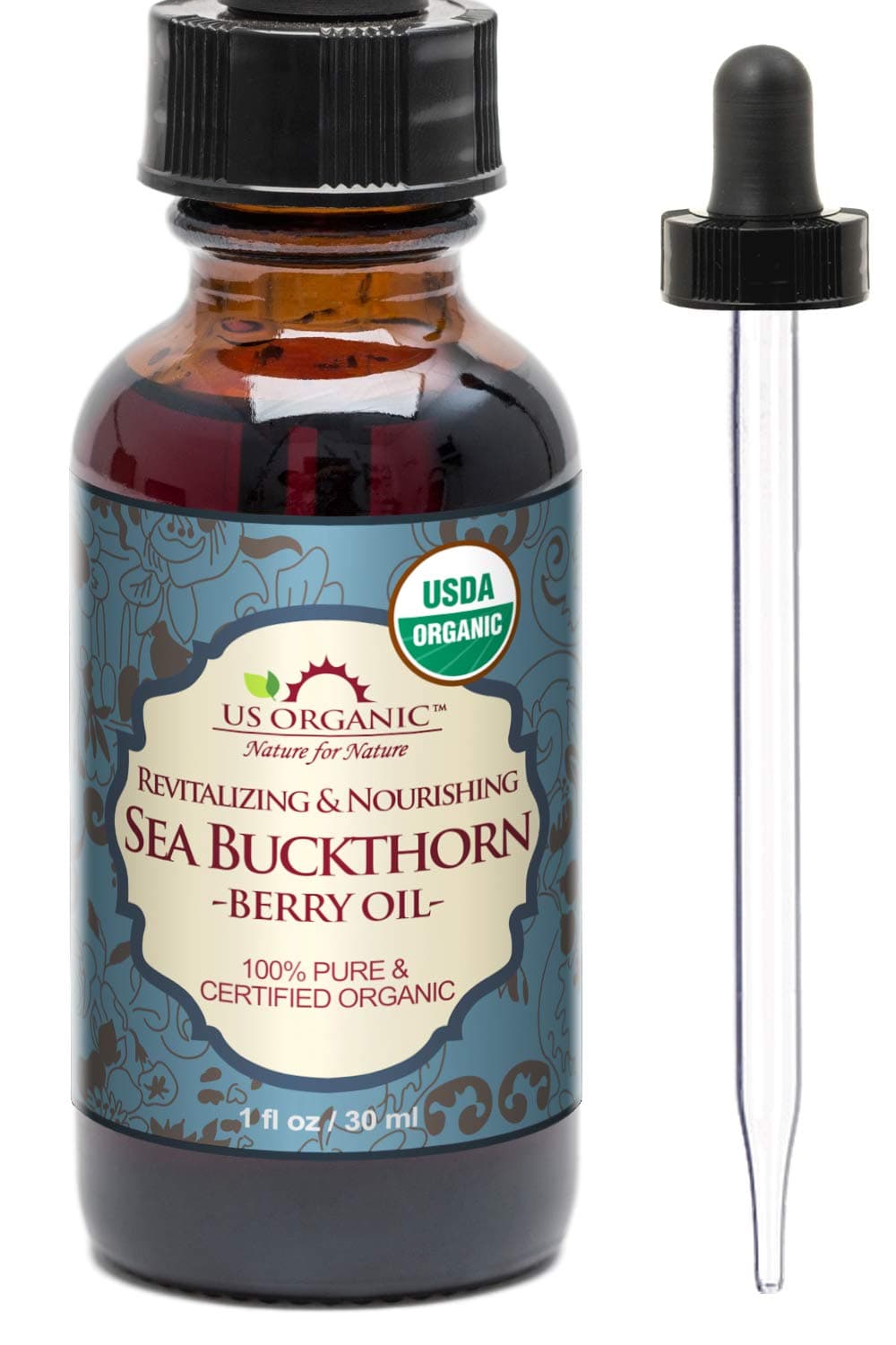 US Organic Sea Buckthorn Berry (Fruit) Oil, USDA Certified Organic,100% Pure & Natural, Supercritical CO2 extracted, Virgin, Unrefined in Amber Glass Bottle (1 oz (30 ml))