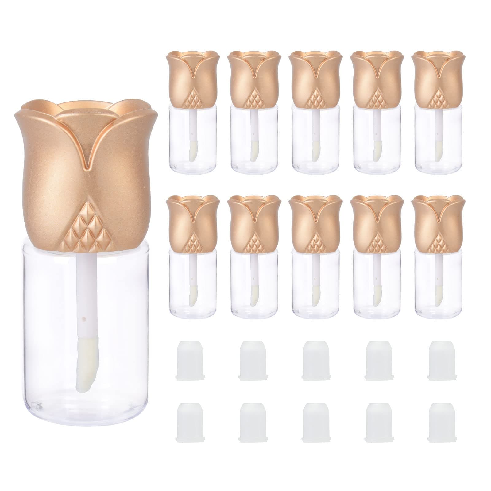 RONRONS 15 Pieces 10.5ml Refillable Lip Gloss Tube, Creative Gold Rose Shaped Empty Lip Gloss Tubes Containers Transparent Mini Round Lip Balm Bottles Rubber Inserts Set for Girls