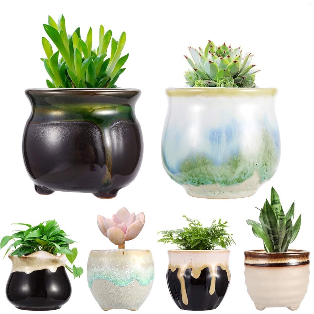 Succulent Plants Cute Animal Succulent Pots Ceramic Flowing Glaze Flower Planter Pots Base Serial Set Cactus Plant Pots Container Planters Bonsai with A Hole Perfect Gift Idea-(6pcs)