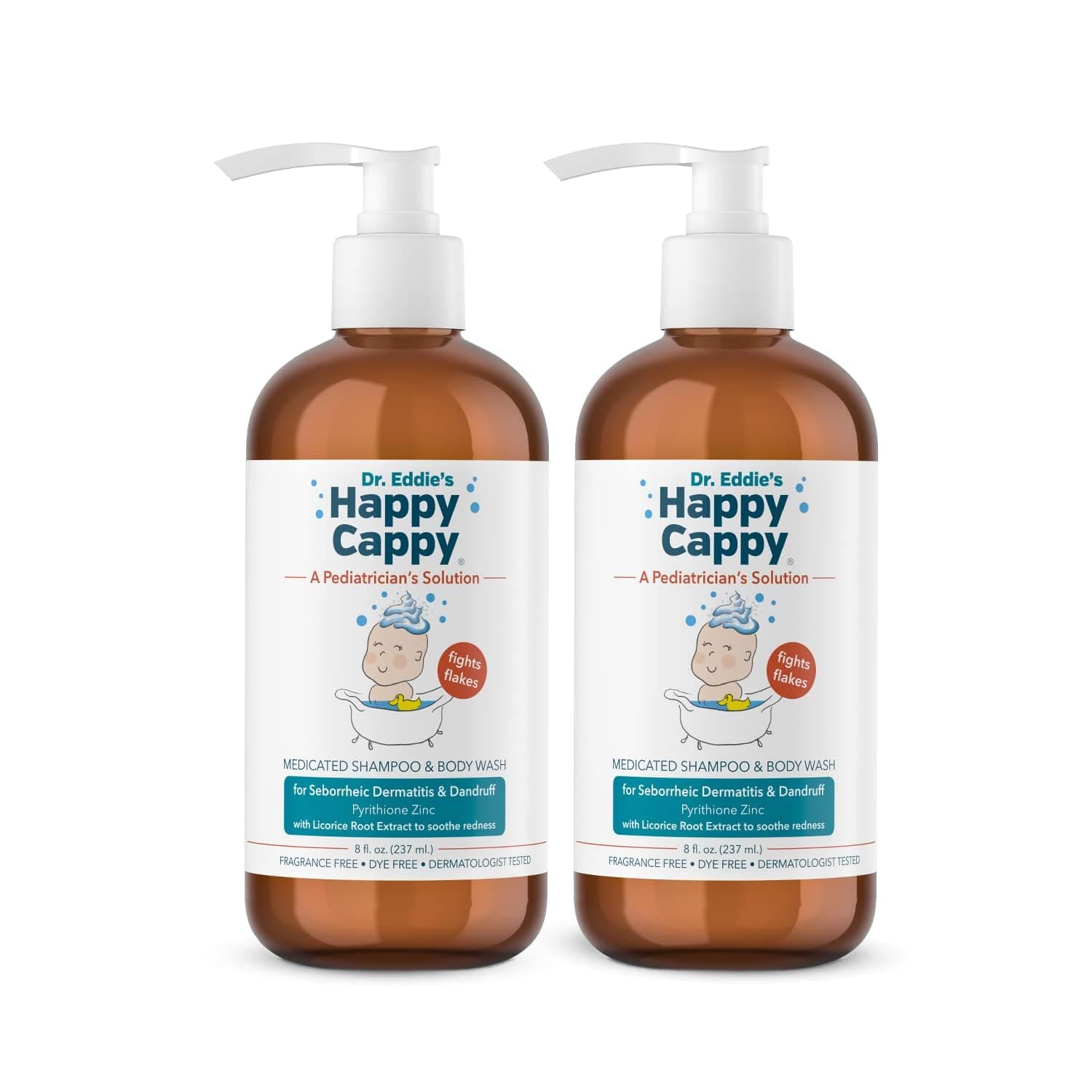 Happy Cappy Anti-Dandruff Shampoo, Anti-Seborrheic Dermatitis Shampoo, with Pyrithione Zinc 0.95%, Safe For Use on Face and Body, Fragrance and Dye Free, Two 8 oz Bottle Pack