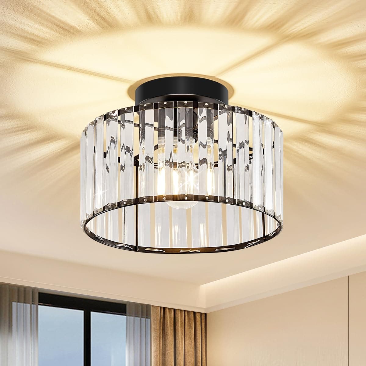 Modern Ceiling Light, Crystal Hallway Semi Flush Mount Ceiling Lighting Fixture, Black Metal Close to Ceiling Lamp for Bathroom Entryway Bedroom Porch Kitchen Living Room
