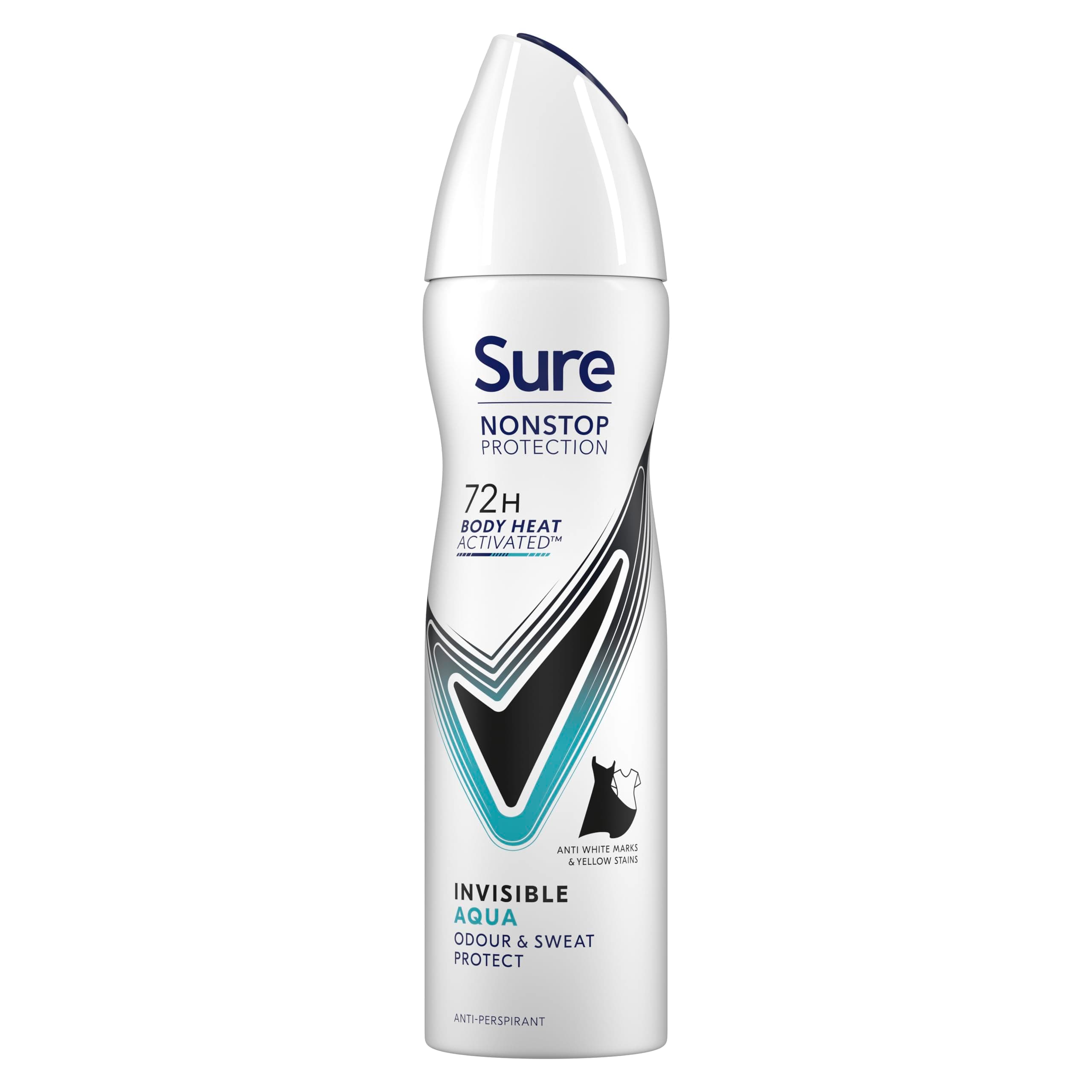 Sure Nonstop Protection Invisible Aqua Anti-Perspirant Aerosol Women's Deodorant Spray with Body Heat Activated technology and white mark protection for 72 hour odour and sweat protection 150 ml