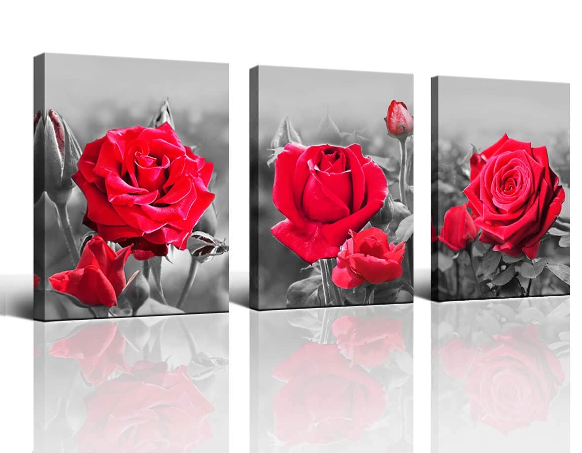 Wall Art Bedroom Simple Living Black and White Red Rose Flower Canvas Wall Art Deco 12" x 16" 3 Piece Living Room Decoration Office Art Frame Canvas Printing Ready to Hang Home Decoration Rose Art
