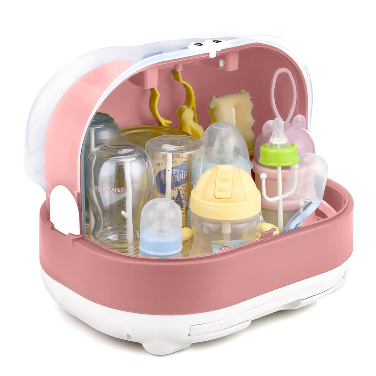 Alwytlon Baby Bottle Drying Rack Container with Drainer, Portable Nursing Cutlery Box Container Anti-Dust Protect Lid Cover, Storage Box Dinnerware (Pink)