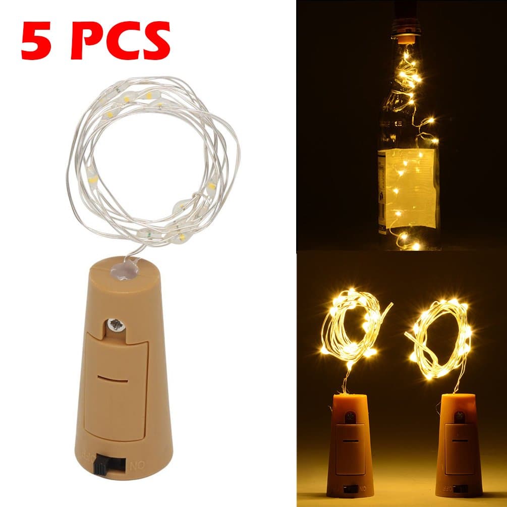 Pack of 5 Bottle Lights 2M/6.5FT, 20 LEDs Cork Stopper Shaped Silver Wire Fairy String Light Lamp Battery Operated DIY for Christmas Halloween Wedding Birthday Party (Warm White)