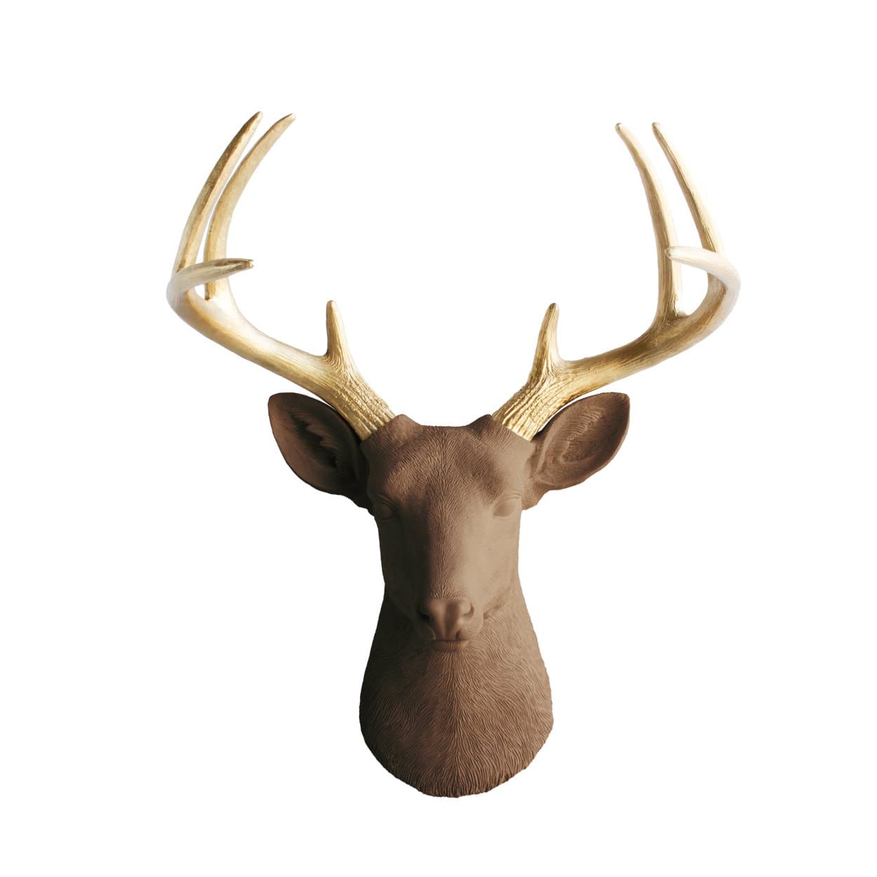 Wall Charmers Deer in Chocolate + Gold Antler - Brown Faux Head Bust Fake Animal Replica Resin Taxidermy Fauxidermy Mount Decor Mounted Art