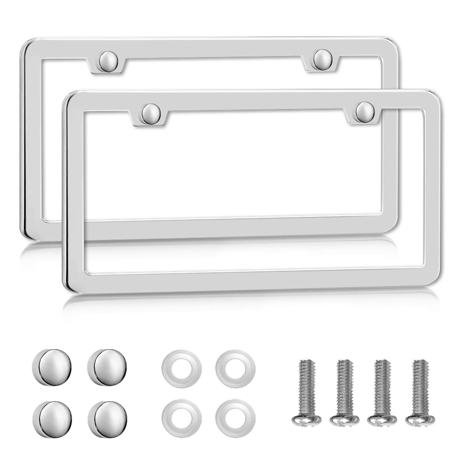 Solid Silver License Plate Frames 2 Pack, 2 Holes Rust-Proof License Plate Holder, Universal Car Stainless Steel License Plate Frame for Women & Man (Screws & Chrome Caps) by