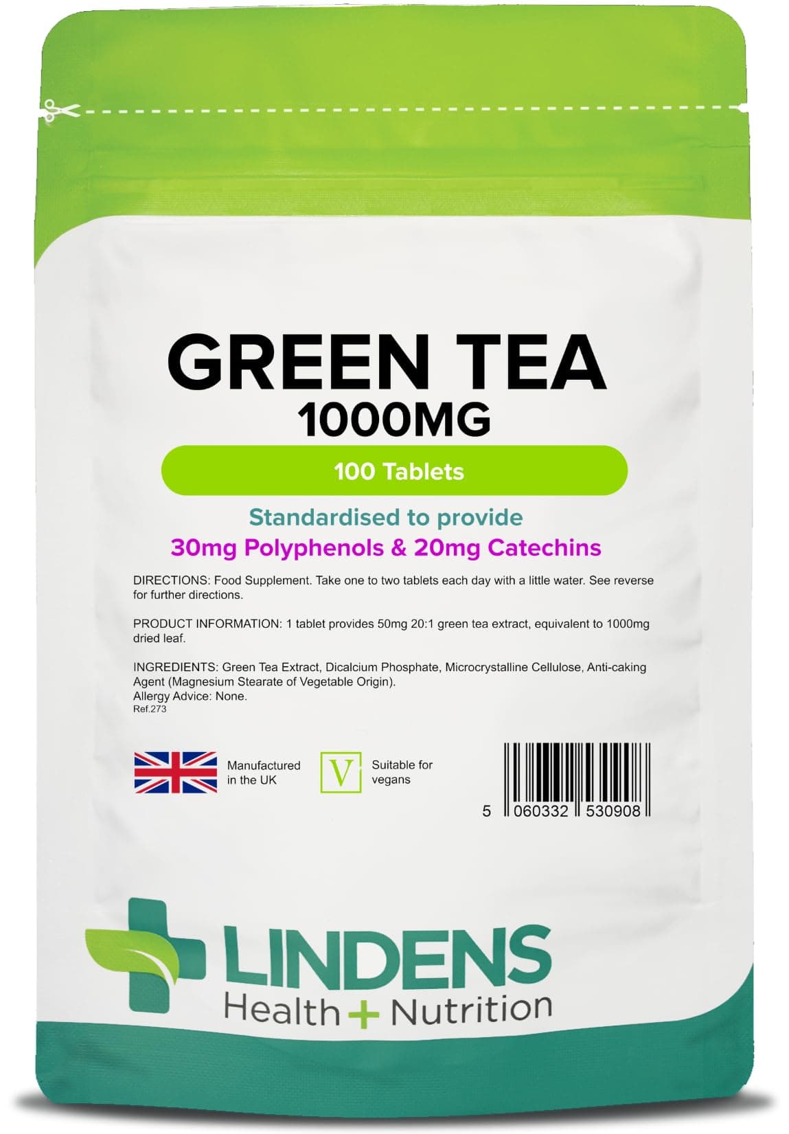 Green Tea 1000mg, 100 Tablets - UK Made - Standardised to Provide 120mg Polyphenols and 80mg Catechins - Green Tea Extract, 2,000mg Daily Intake - Letterbox Friendly, Vegan