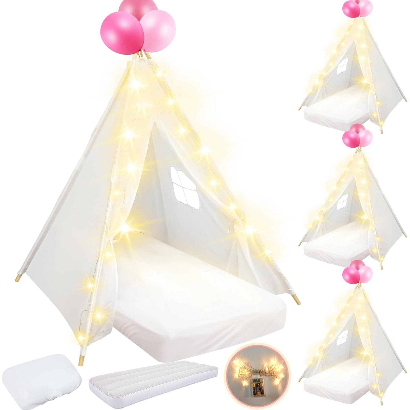 4 Pack Teepee Tent for Kids Slumber Party with Mattress,Fitted Sheet,Light String,Natural Cotton Washable Sleepover Tents for Girls Party Birthday Slumber Movie Night Supplies(White)