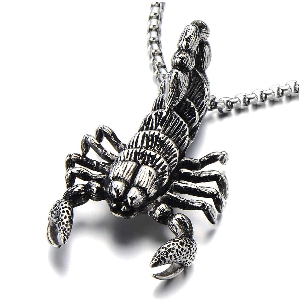COOLSTEELANDBEYOND New Extra Large Mens Scorpion Pendant Necklace Stainless Steel Gothic Style with 30 in Wheat Chain