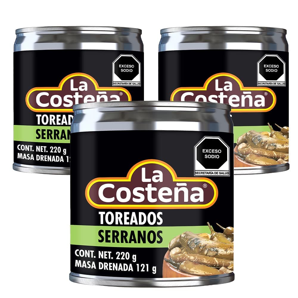 La Costena Serrano Toreados 220g (Pack 3) / Mexican Spicy Roasted Serrano Chilli Peppers In Can Multi Pack