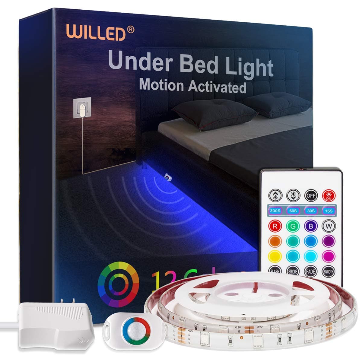 WILLED RGB LED Strip Lights, Under Bed Light Motion Activated Sensor, RF Remote Control with Timer, Color Changing Strip Lighting for Bed, Stairs, Shelf, Desk, Cabinet and Party Decoration