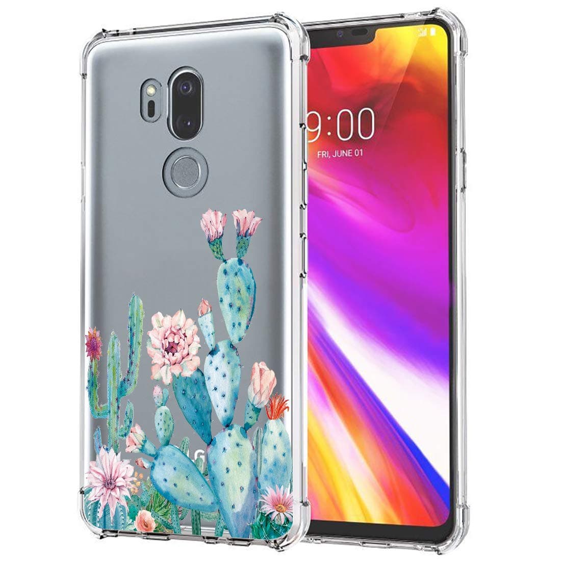 Sidande Case for LG G7, LG G7 ThinQ Case for Girls Women, Shockproof Clear Floral Soft Flexible TPU Slim Protective Phone Case Cover for LG G7 ThinQ (Cactus)