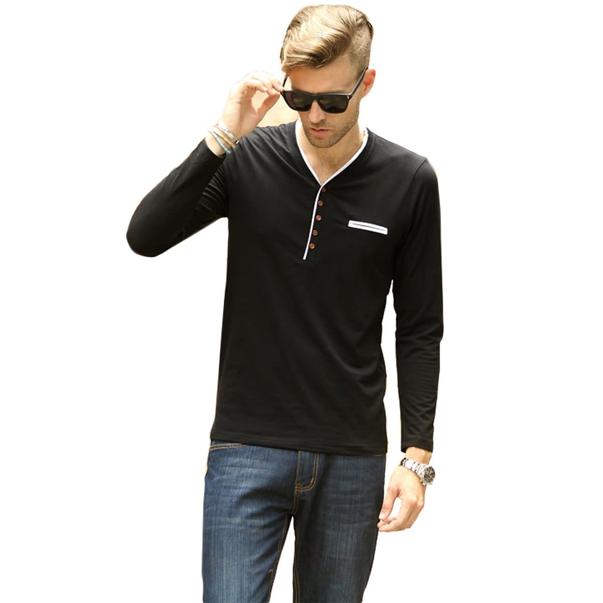 Zongke Men's V-Neck Sport long sleeve Button Placket t-shirts