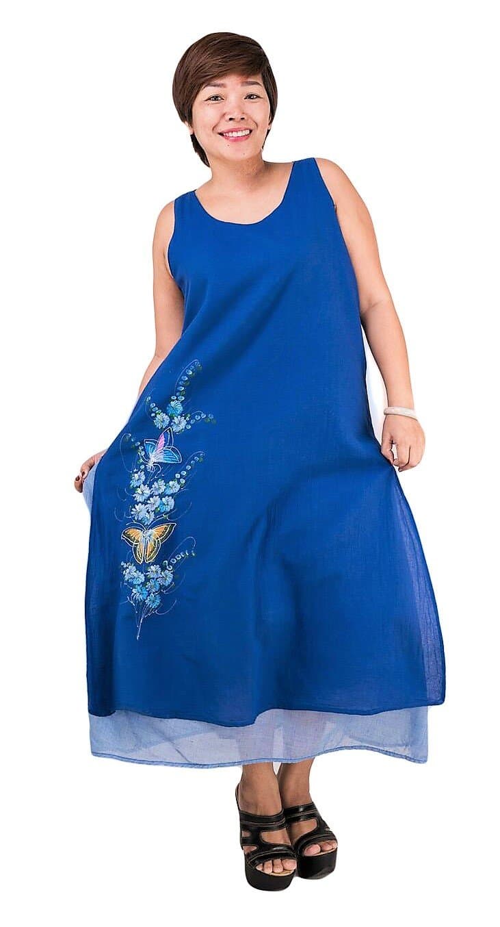 Cotton Maxi Dresses for Women Lightweight Sleeveless Lined Loose Casual Large Plus Size Floral Long Blue