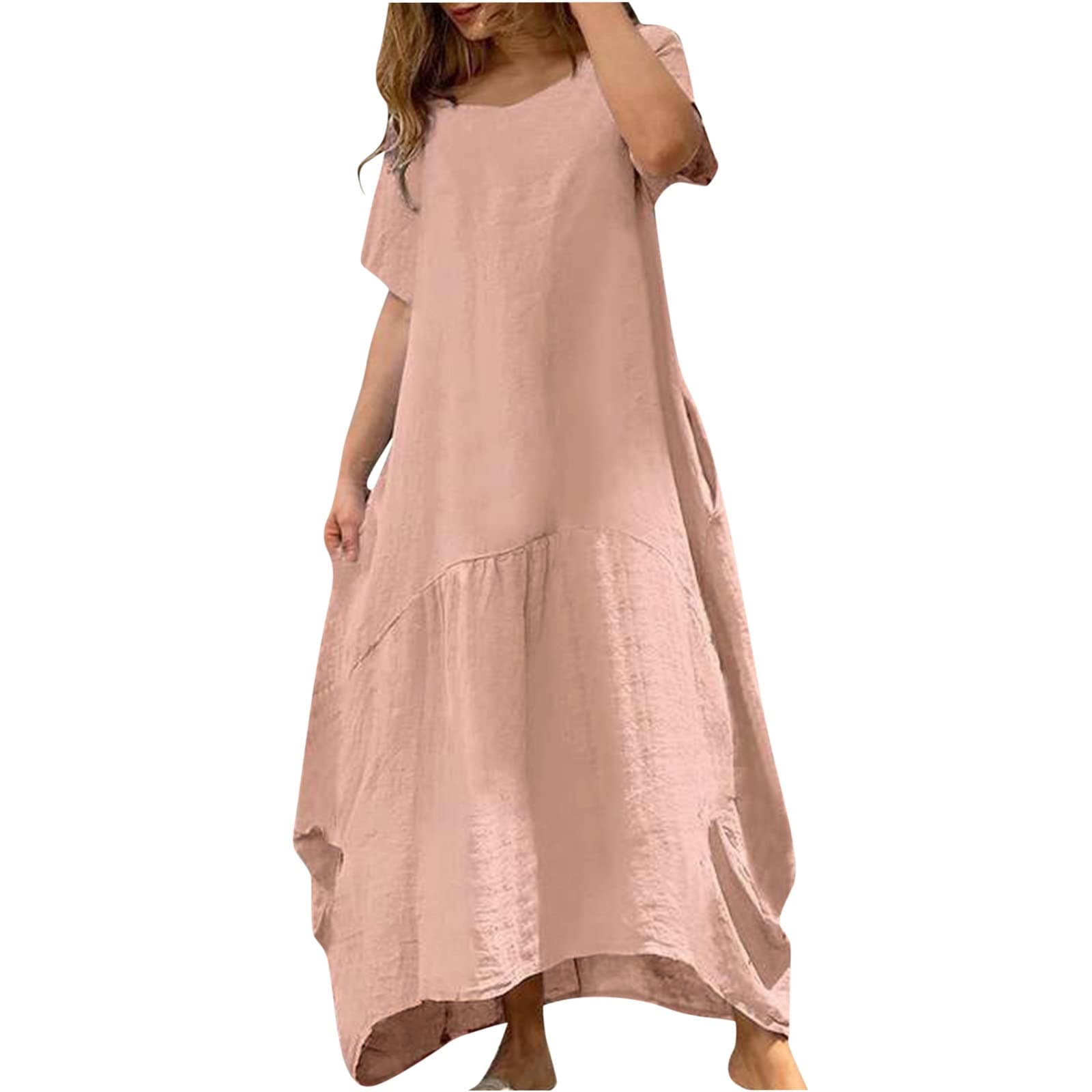 Boat Neck Linen Dresses for Women Summer Fall Short Sleeve Maxi Long Midi Loose Fit Basic Dresses Women 2023