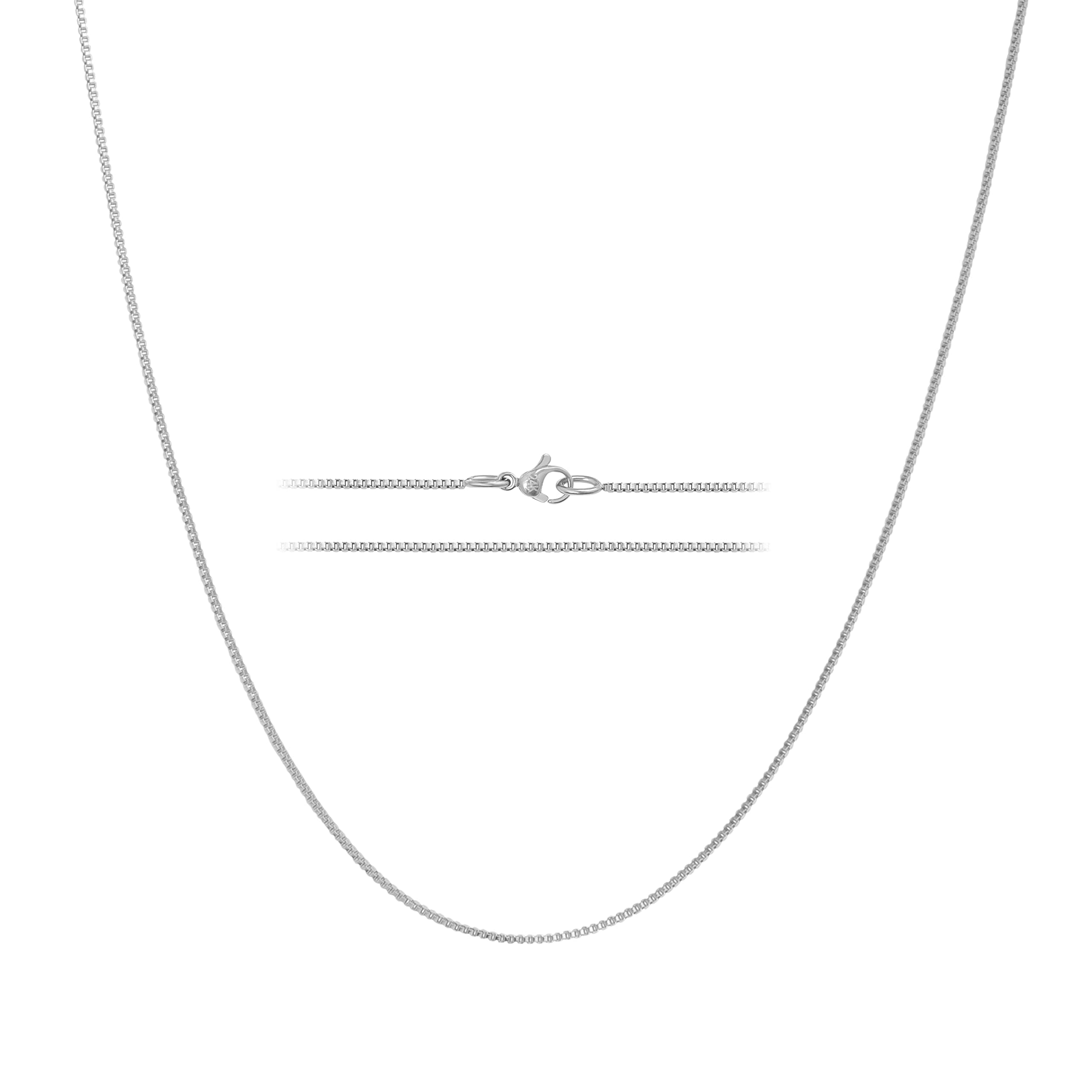 24k White Gold Box Chain Necklace – Thin, Dainty, White Gold Plated Stainless Steel Chains for Women & Men with Lobster Clasp