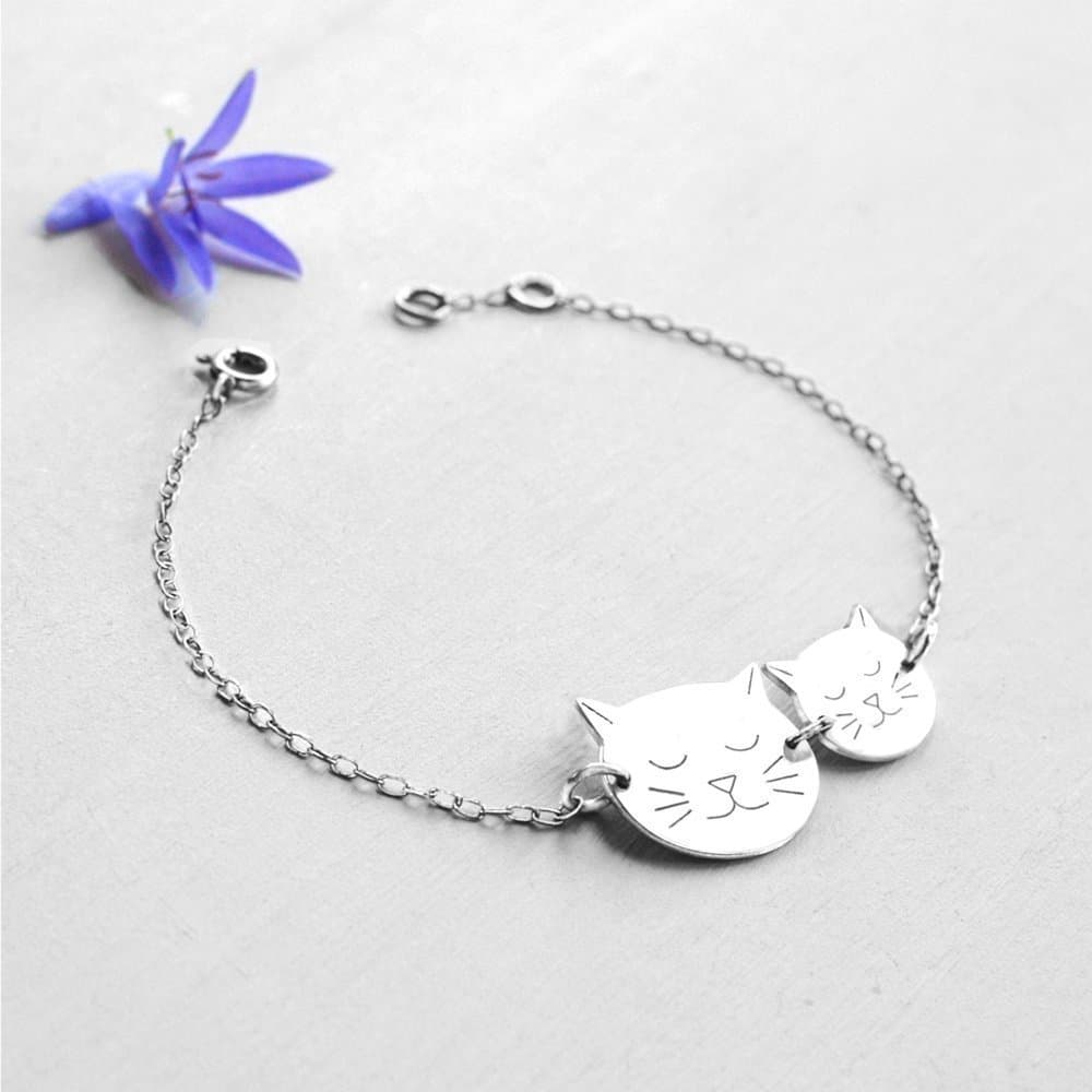 Personalised Sterling Silver Mommy Cat Face and Baby Cat Face Bracelet, cat bracelet, Christmas gift, personalised gift, new mom gift, gift for cat lovers