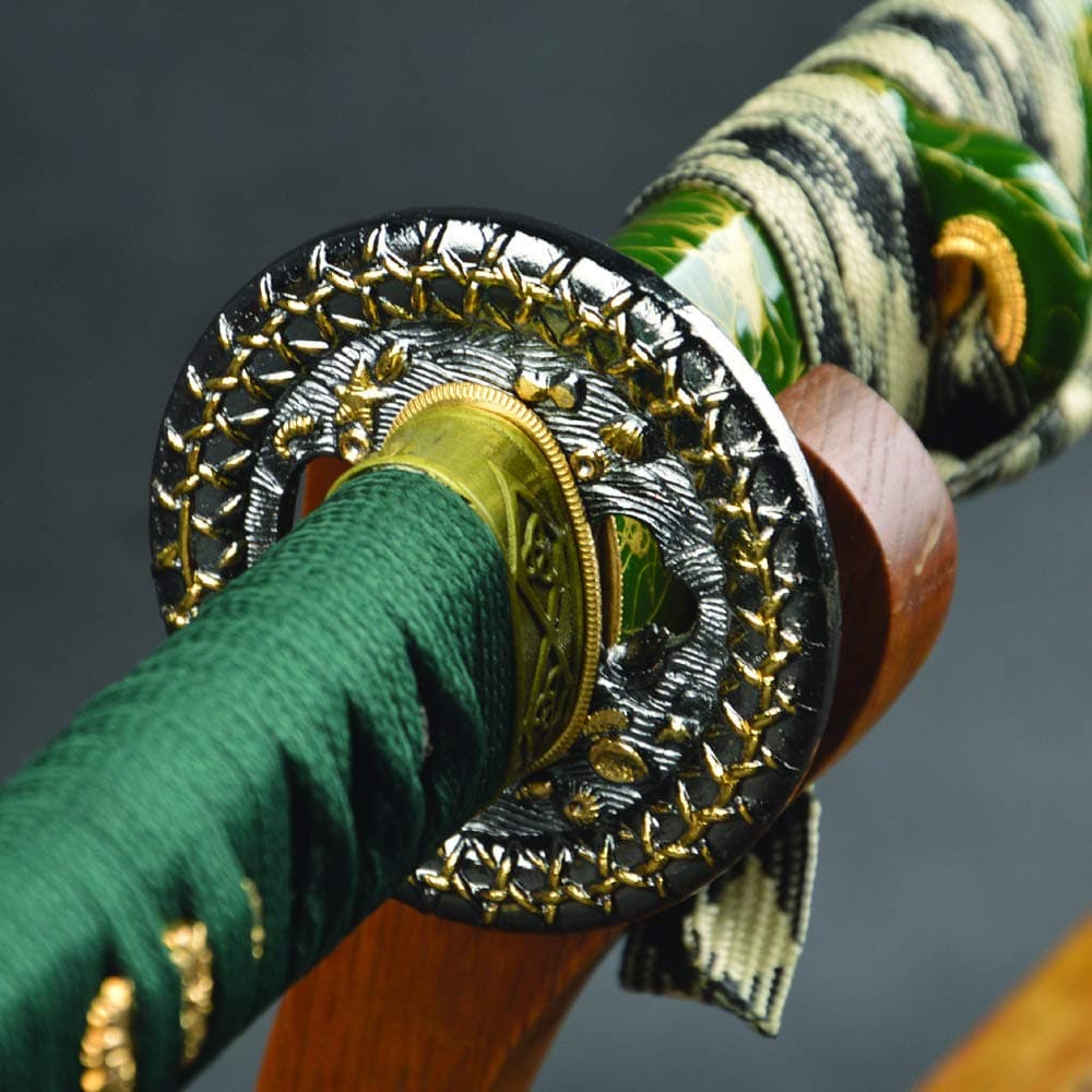 Traditional Handmade 1095 High Carbon Steel Katana Real Battle Ready Japanese Samurai Sword Full Tang Sharp Blade Gold Sea Grass Tsuba Gold Green Saya