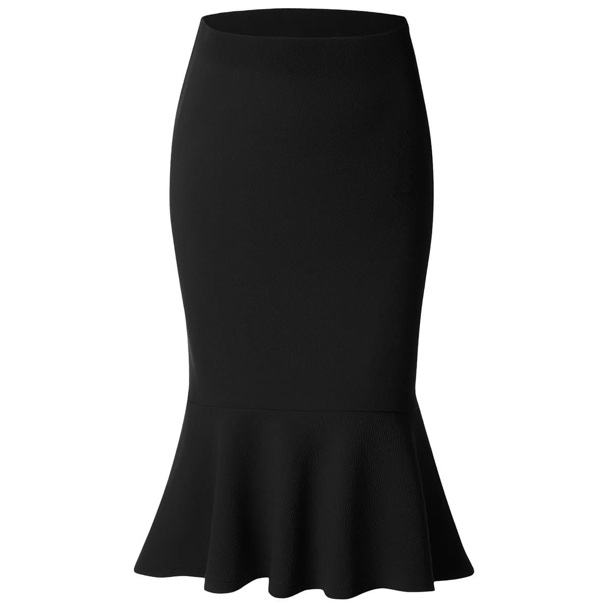 Women Mermaid Skirt High Waist Fishtail Hem Solid Bodycon Pencil Midi Skirts, Black, Large