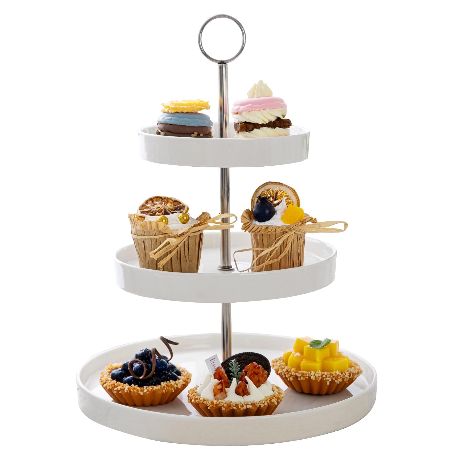Porcelain 3-Tier Cupcake Stand - Elegant White Cake Stand for Desserts, Tiered Serving Tray for Parties, Weddings, Birthdays - Durable Stainless Steel Rods