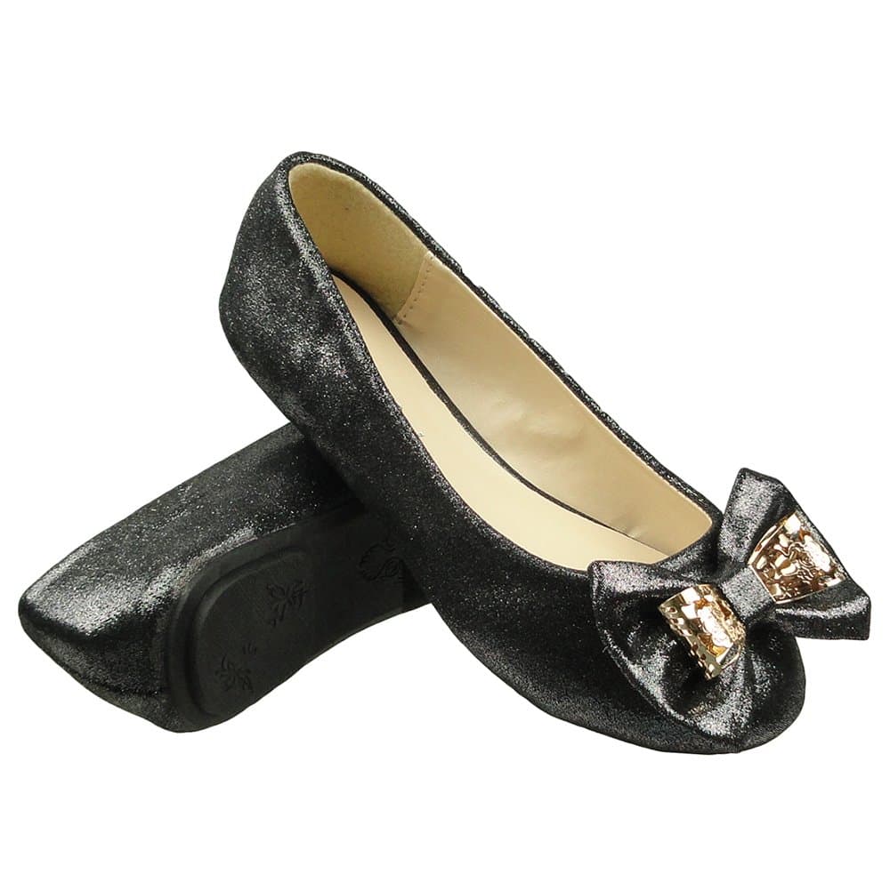 Girls Kids Ballet Flats Glitter Metal Bow Comfort Dress Shoes