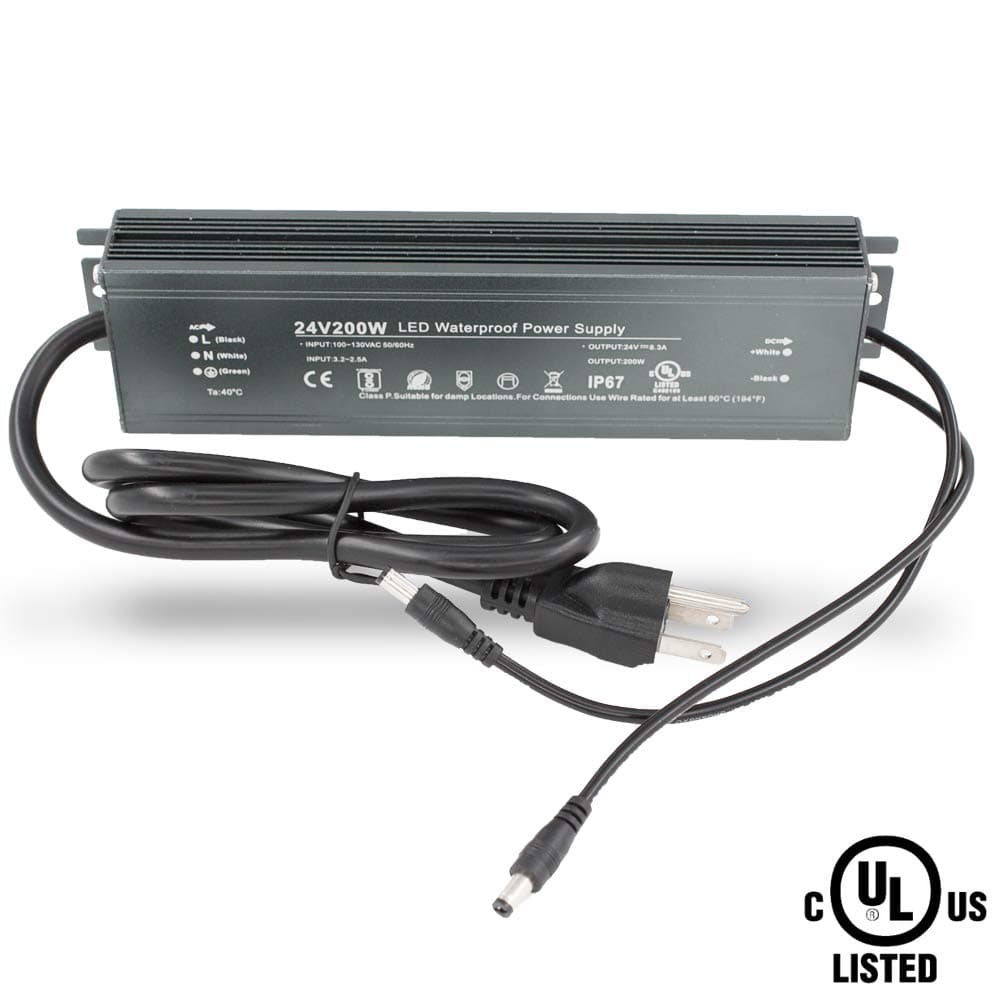UL Listed 24v 200w Power Supply 8.3A LED Driver Transformer 110v to DC Output for LED Strip, Under Cabinet, Puck, CCT Waterproof