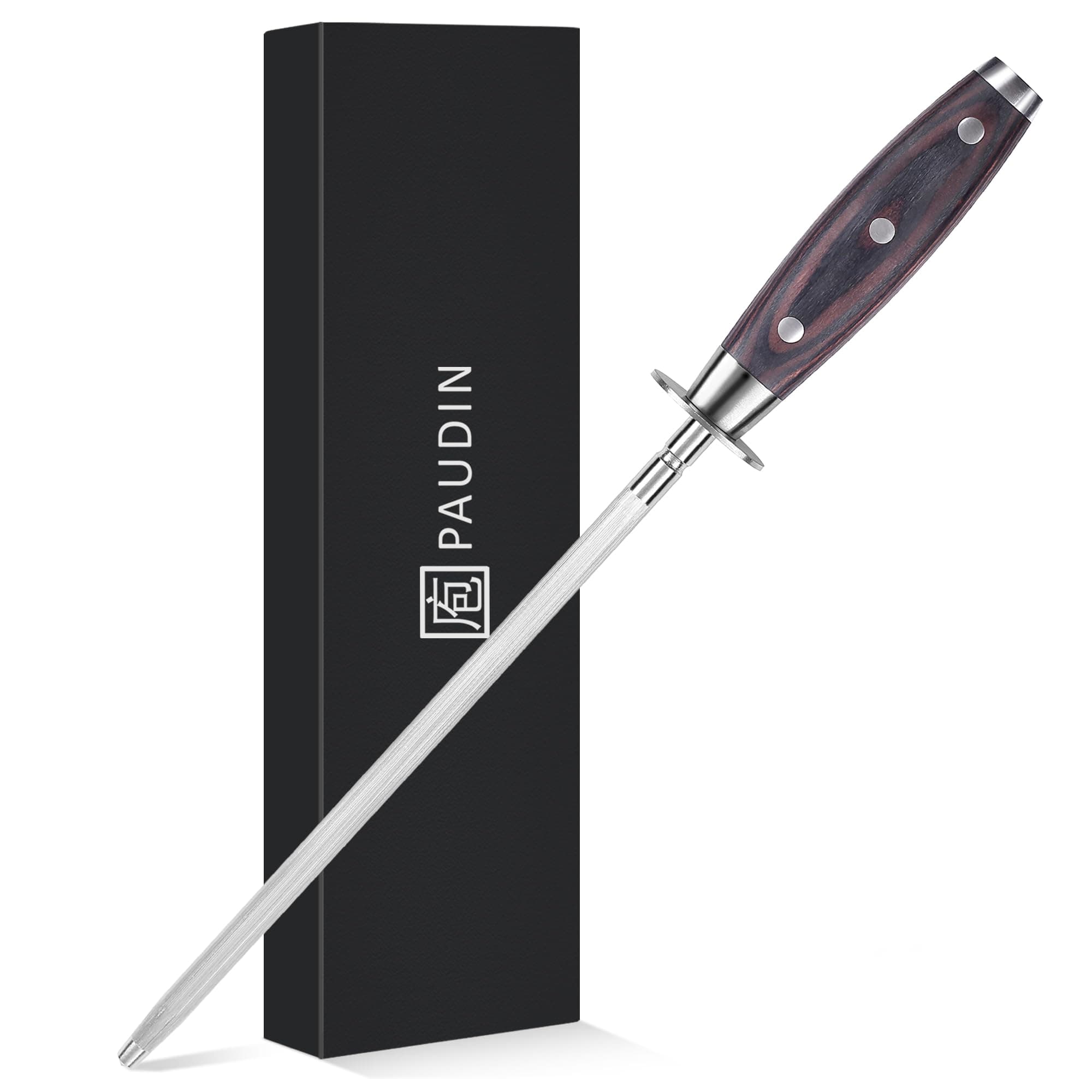 PAUDIN Honing Rod, Knife Sharpener Rod, 10 Inch Honing Steel, Professional Kitchen Knife Sharpener, High Carbon Knife Sharpening Steel with Ergonomic Pakkawood Handle for All Chef Knives
