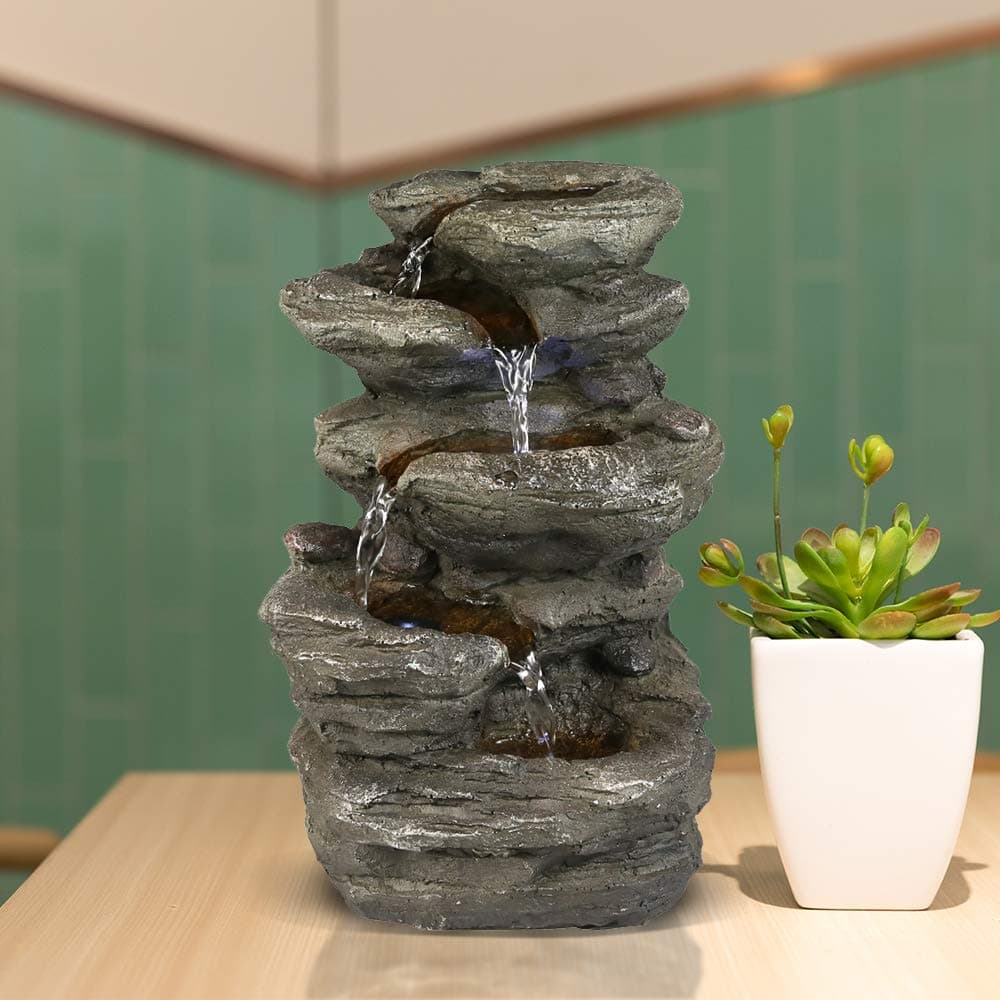 Staggered Rock Cascading Fountain 11", 5-Tiered Feng Shui Rocky Water Falls Tabletop Water Fountain with LED Lights for Home Office Decor