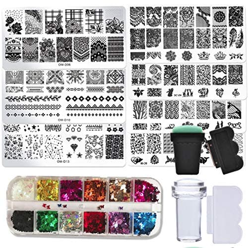 Nail Art Stamping kits, Nail Stamping Template Plates + Clear Stamper + Scraper, 3D Mixed Nail Decoration Rhinestone Rivet Studs Pearl, DIY Accessories Tools