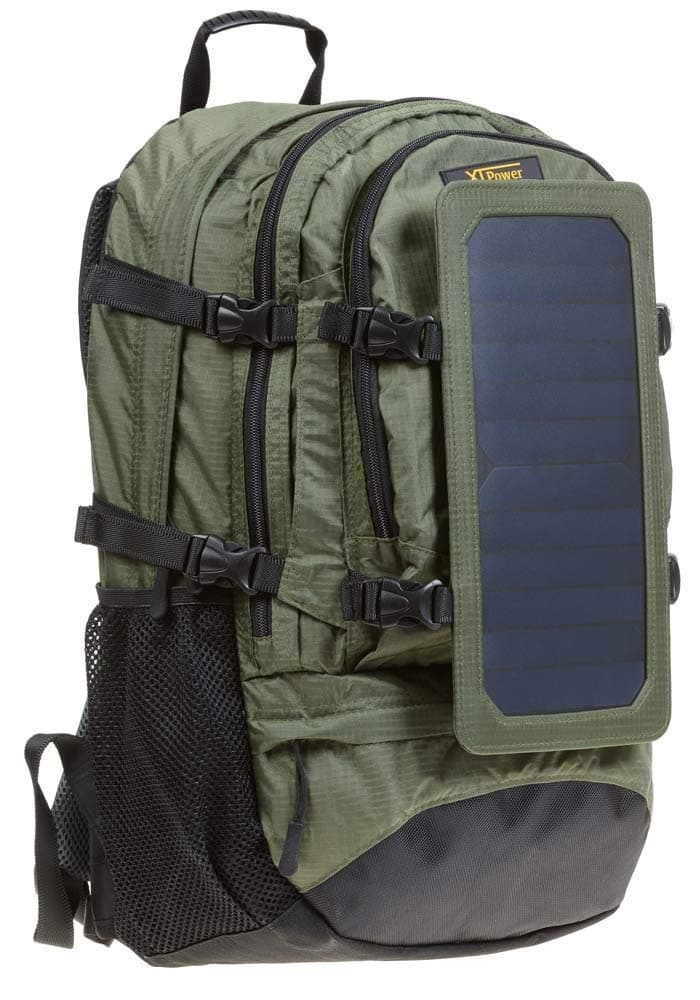 Hiking Solar Backpack with Removable 7 Wall Solar Panel for Smart Phones, Tablets, GPS, Bluetooth and GoPro devices in Navy Green