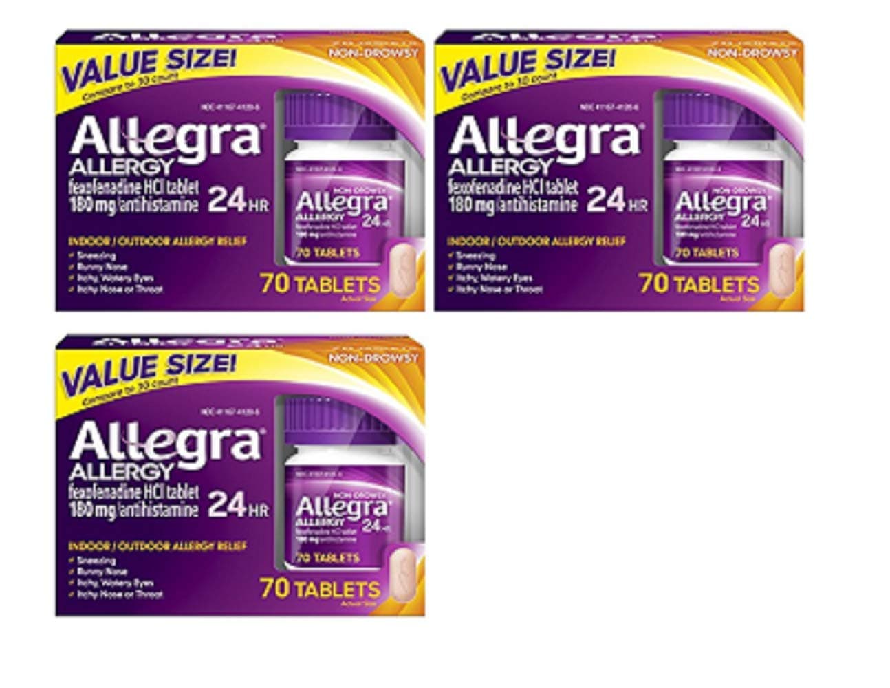 Allegra Allergy 24 Hour - 70 Tablets (180 mg each) 3 PACK = 210 Tablets Total