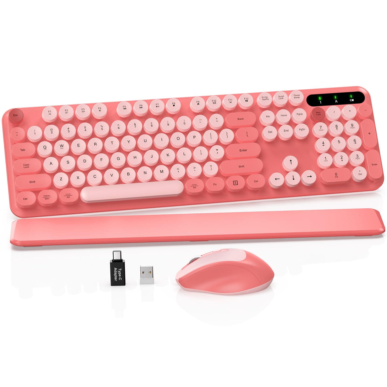 Wireless Keyboard and Mouse Combo - Retro Typewriter Keyboard with Floating Round Keycaps, Full-Size with Detachable Wrist Rest, 2.4GHz Connection for Windows/PC/Laptop (Light Pink)