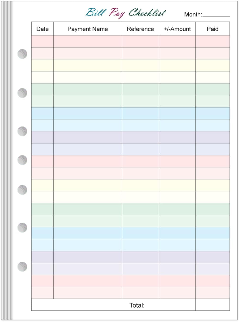 Payment Checklist Refills Paper for Mini 3 or 7 Ring Binders - 50 Sheets/100 Pages Colorful Monthly Budget Forms, 7 Hole Punched/Desk Size 4, 100 gsm White Paper, 5.8" x 8.3"