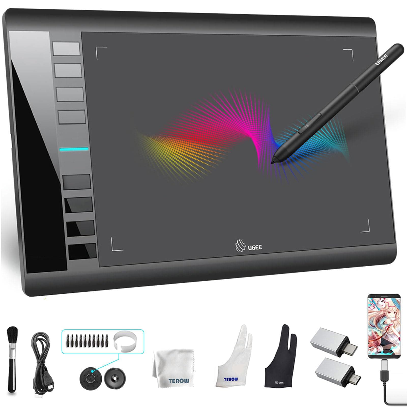 Graphics Tablet M708 UGEE 10 x 6 inch Android Supported Large Active Area Drawing Tablet with 8 Hot Keys, 8192 Levels Pen, Compatible with Windows 10/8/7 Mac Os Artist, Designer, Amateur