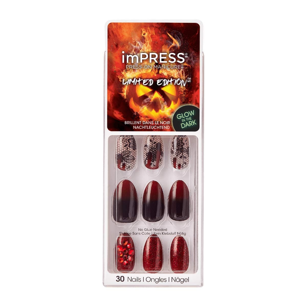 Kiss imPress Press-On Manicure Nails Burgundy Ombre (Lace Design) Almond Shape Halloween Limited Edition Glow-in-the-Dark Nails HBIPD66 Run Away
