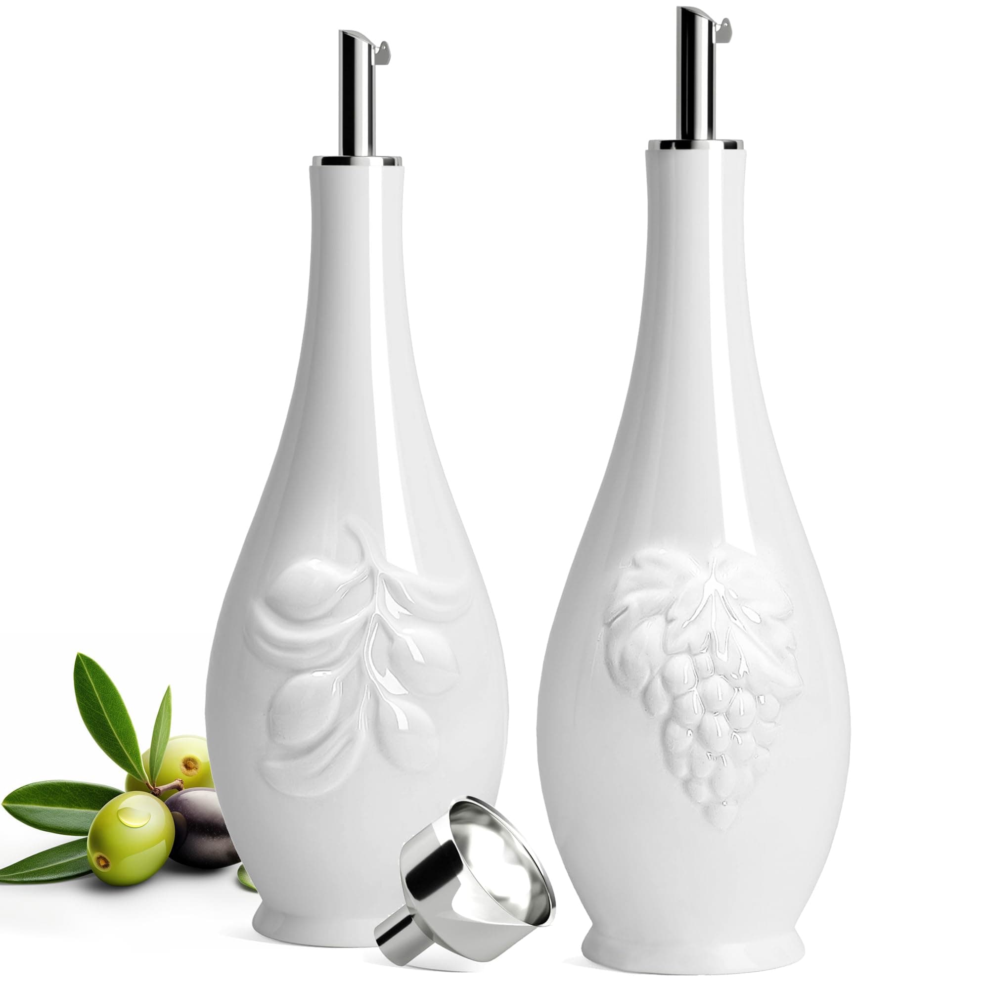 HOMBENE Porcelain Oil and Vinegar Dispenser Set, 16 oz Olive Oil Dispenser Bottle for Kitchen, Ceramic Cooking Oil Container, Oil Cruet w/Funnel, Dripless Spout, 480ml, 2 Pack