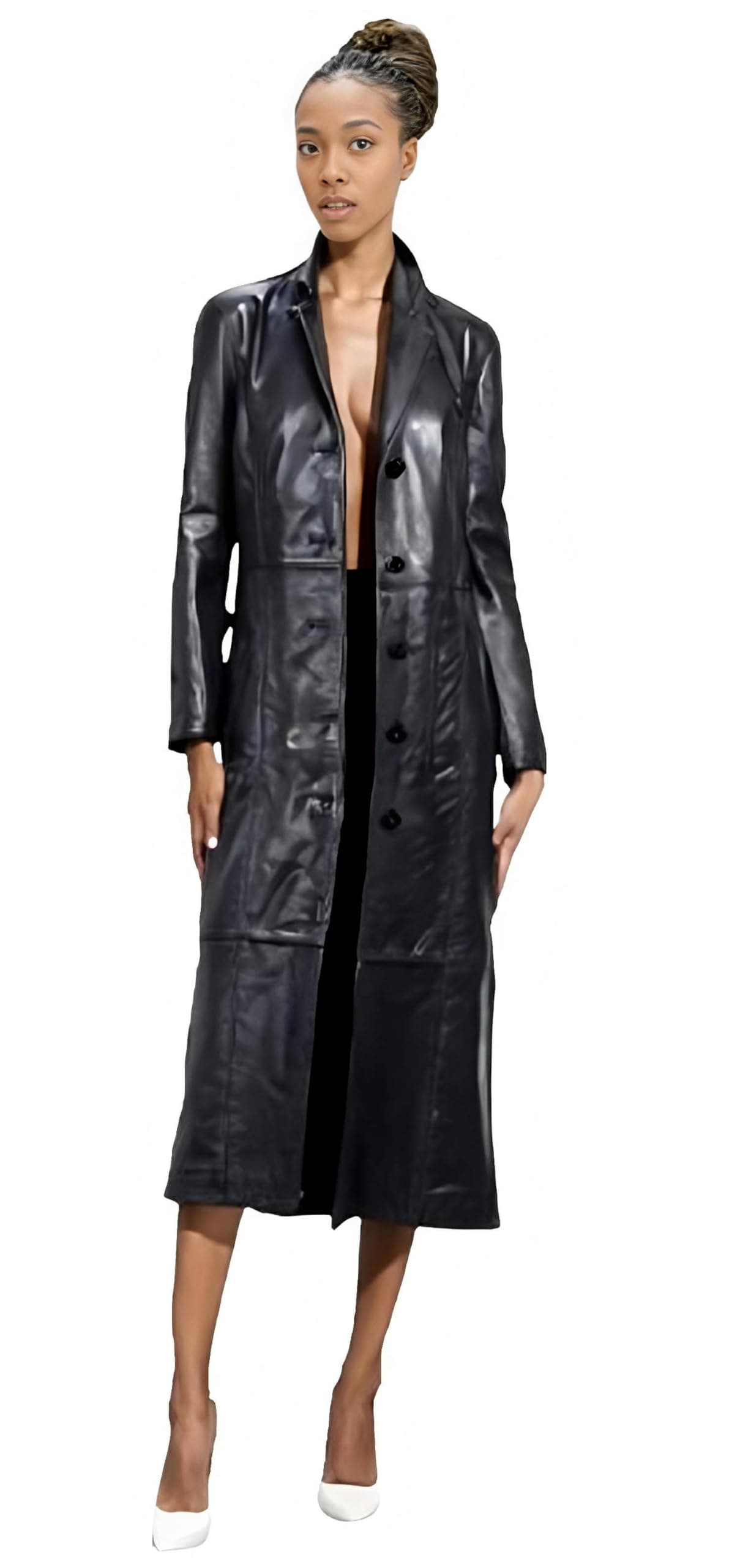 Women’s Long Coat | Real Lambskin Leather, Black Classic Style, Trench, Overcoat