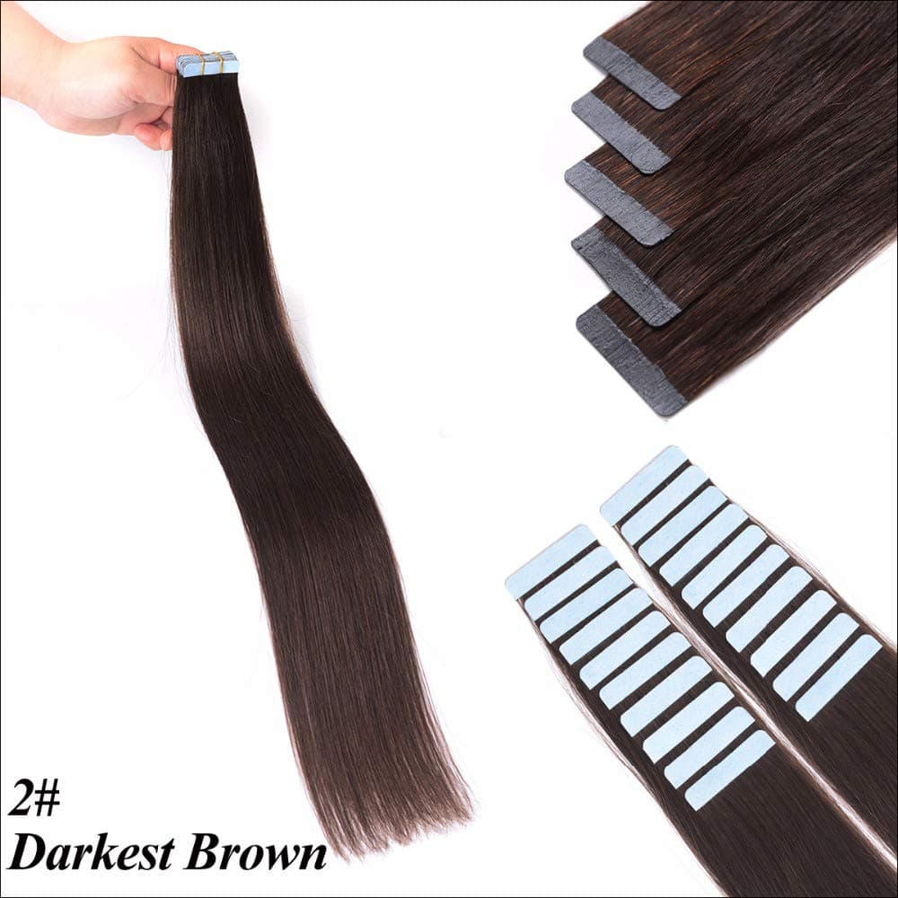 Tape in Hair Extensions Remy Human Hair for Women - Silky Straight Human Hair 16 inch #2 Darkest Brown Tape in Extensions 30 Grams 20 Pieces