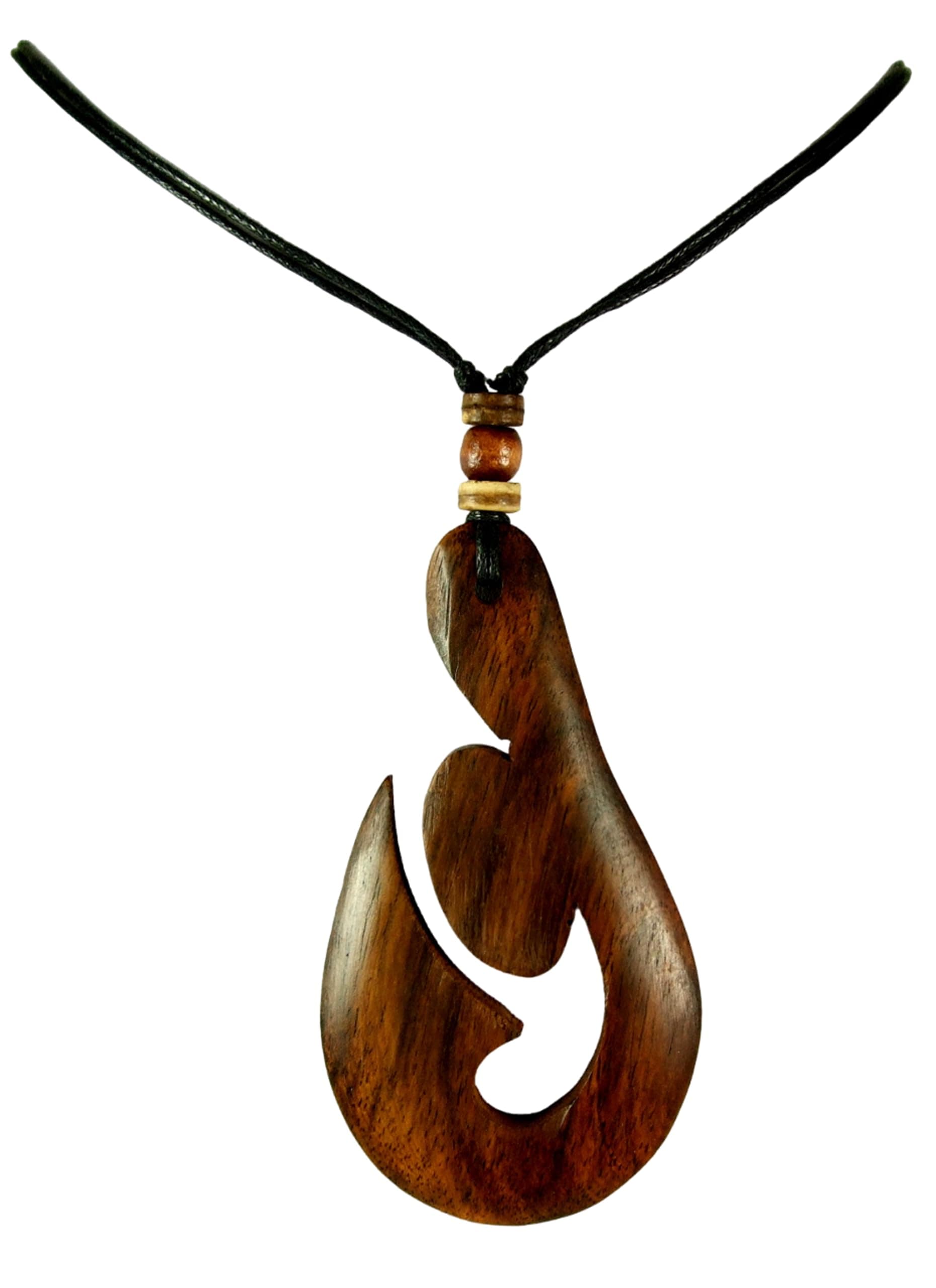 Spiral Natural Sono Wood Necklace, Hand Carved Fish Hook Wooden Necklace, Handmade Beads Cords Māori Koru Peace Pendant Wooden Necklaces for Women Men Jewelry (BA129)