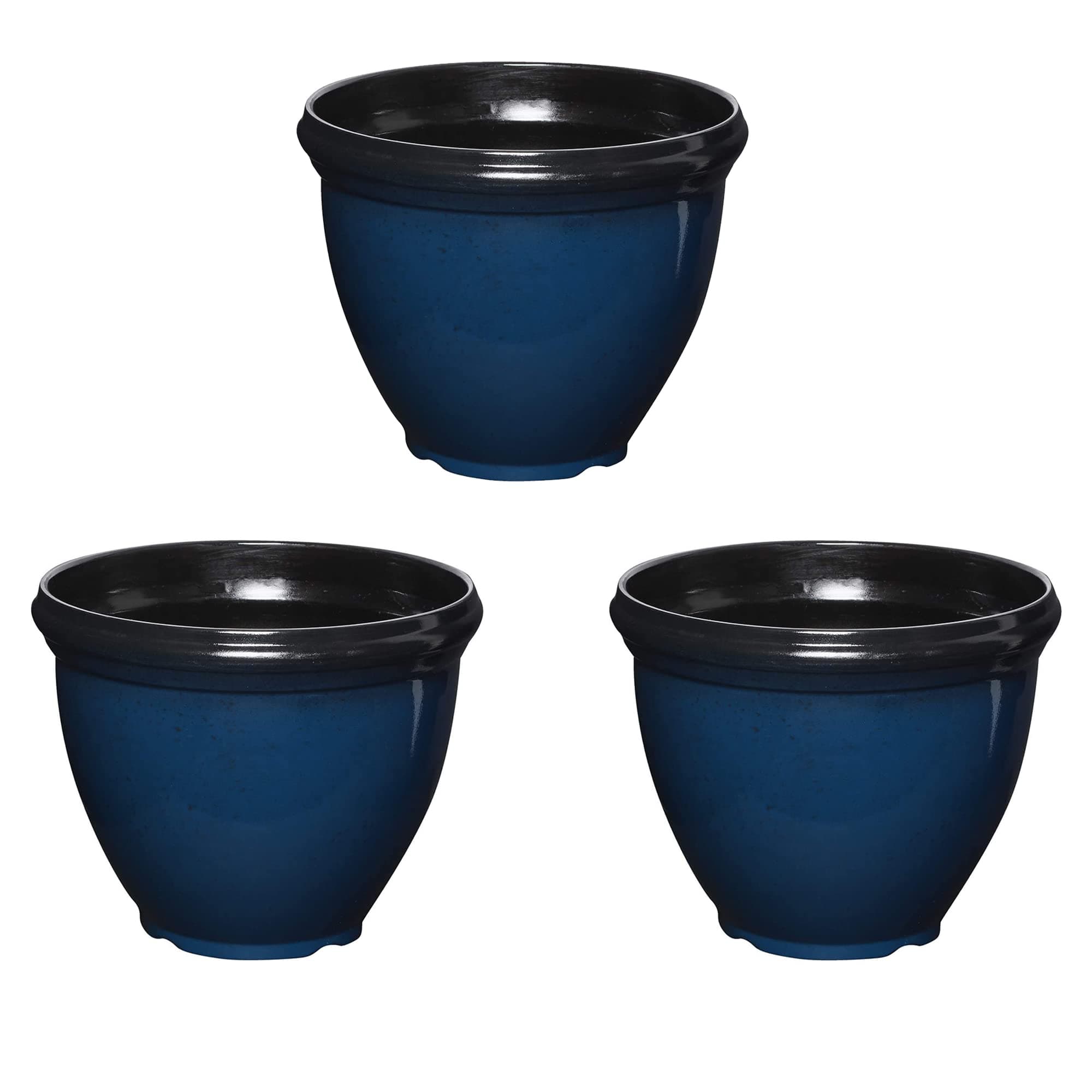 Southern Patio 12 Inch Heritage Outdoor Home Patio Round Glossy Resin Planter Pot for Flowers and Plants, Monaco Blue (3 Pack)