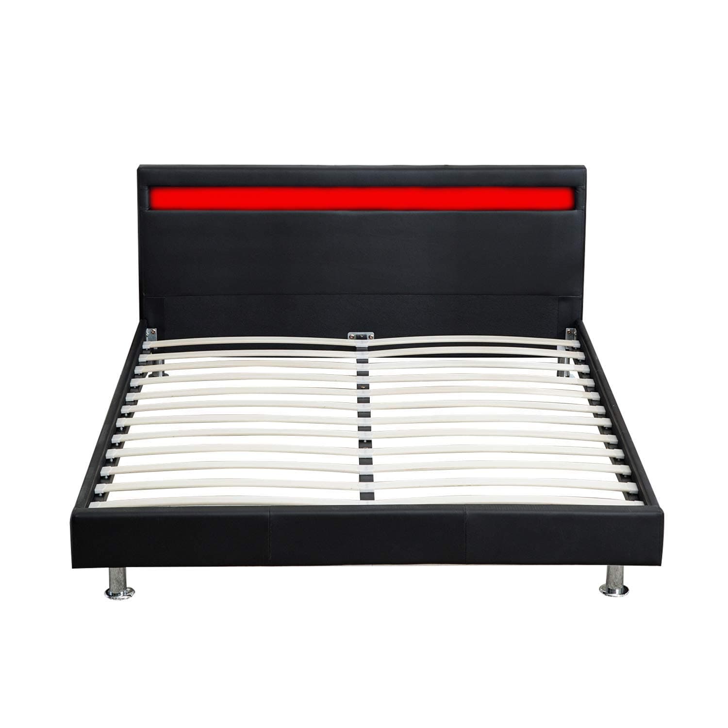 Modern Bed Metal Frame Contemporary Upholstered Black Leather Wood Slat Platform Headboard Mattress Bedroom Furniture