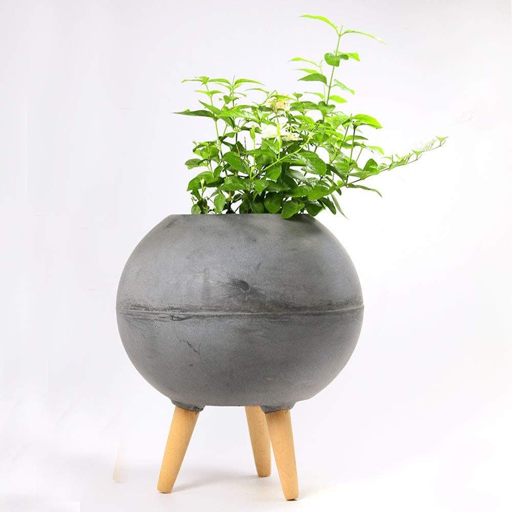 Paudhe Se Yaari Dark Grey Cement Planter Pot with Wooden Stand. Large Mid Century Modern Planter Pot. Perfect for House Plants Modern Home Office Outdoor Indoor Patio Deck Porch Balcony Garden Décor.