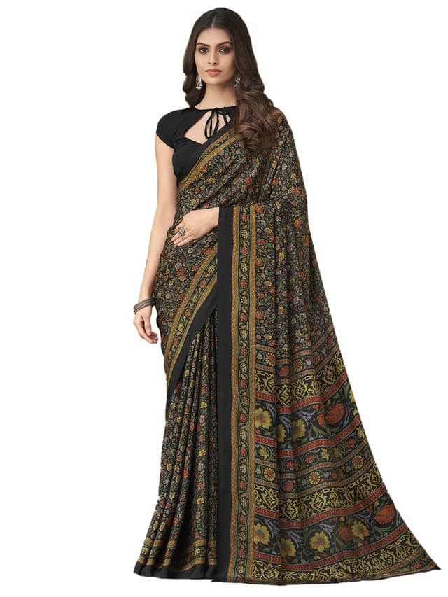 SIRIL Women's Floral Printed Silk Crepe Saree with Unstitched Blouse Piece