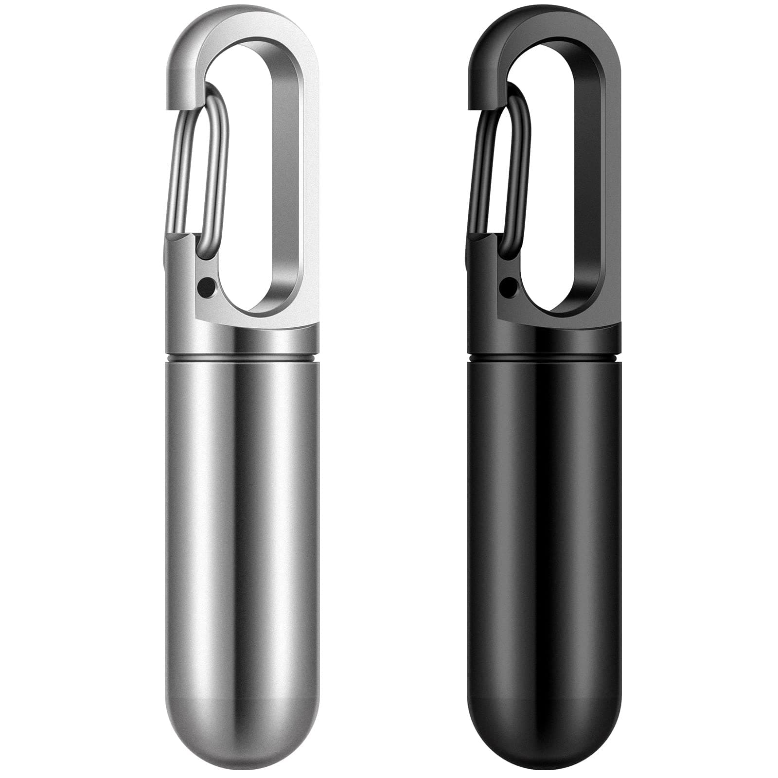 Vesici 2 Pcs Keychain Pill Case Pocket Metal Pill Holder for Men Women Mini Waterproof Travel Capsules Case Small Bottle Container for Outdoor Travel Pocket Purse, Black and Sliver, 7.8 Grams