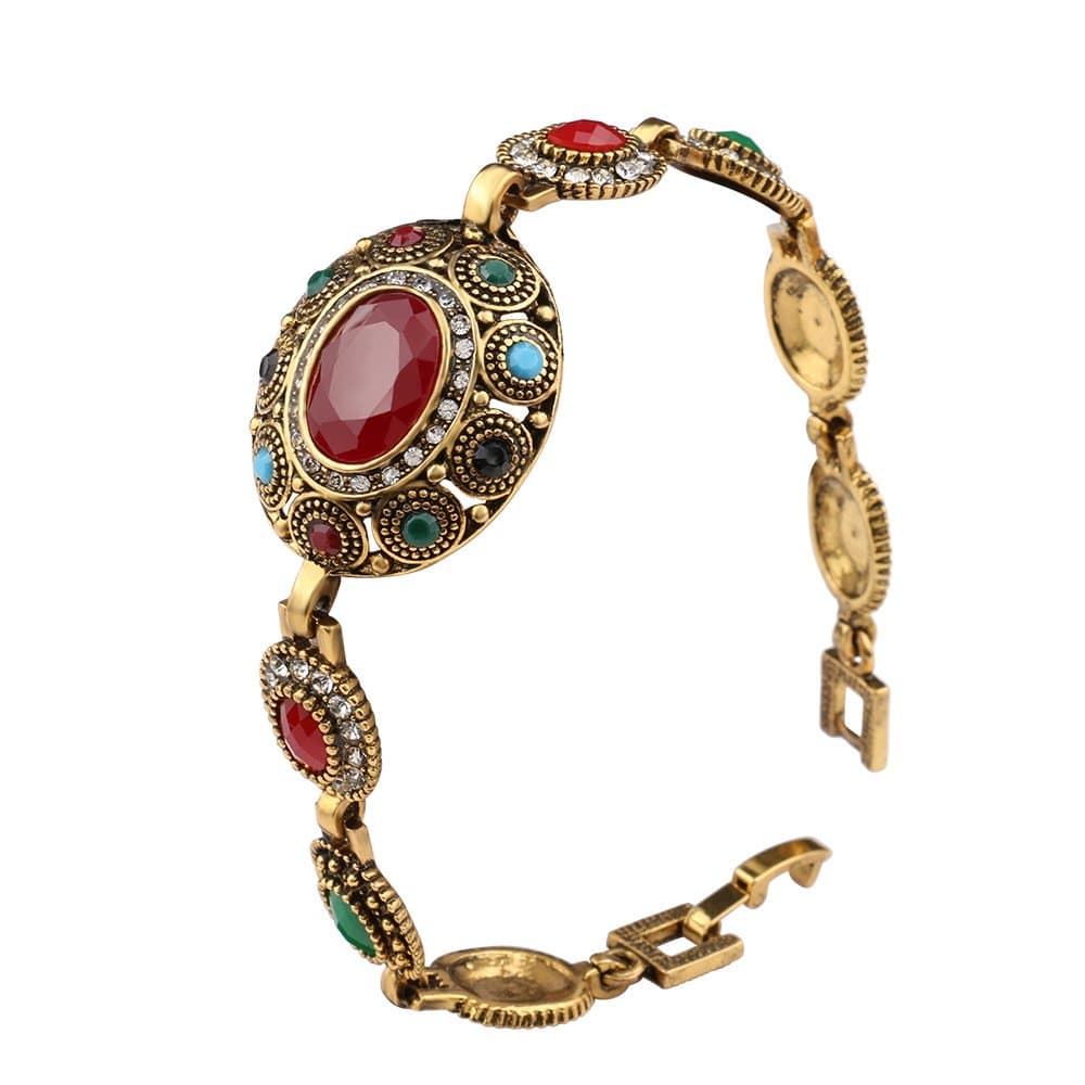 Turkish Jewelry Bangle Multicolored Stone Antiqued Gold Plated Link Bracelet for Lady Women Mom Gift