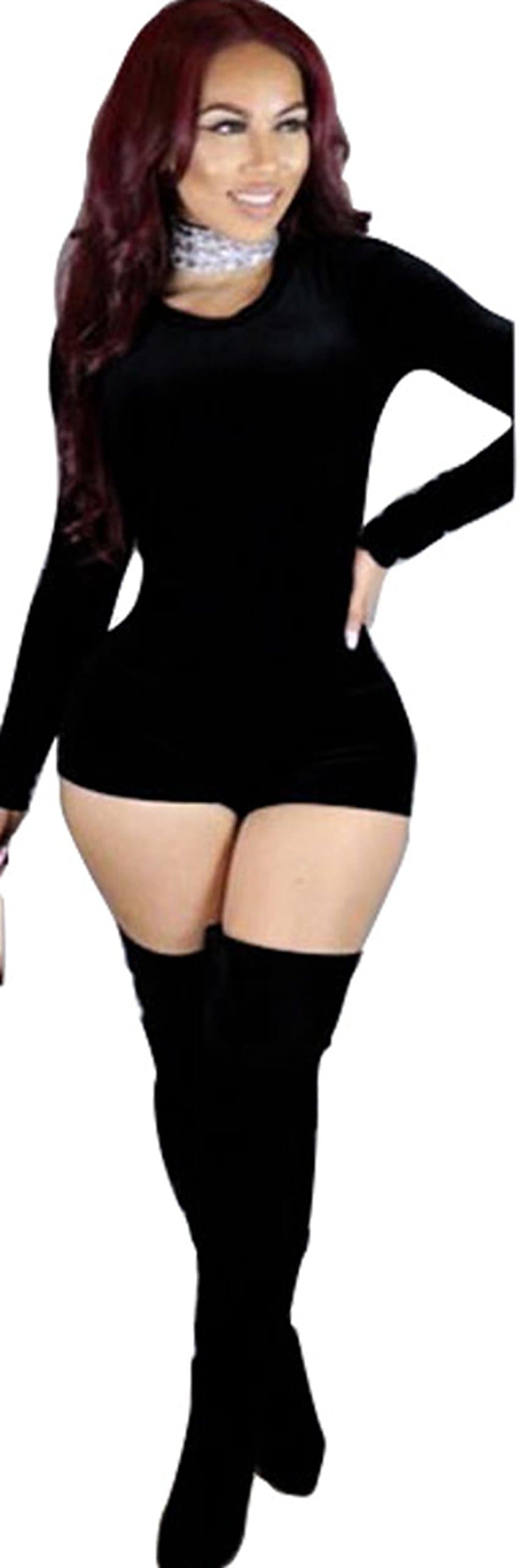 Women Sexy Long Sleeve Crewneck High Waist Bodycon Hot Shorts Clubwear Jumpsuit Romper LabelS=USXS Black