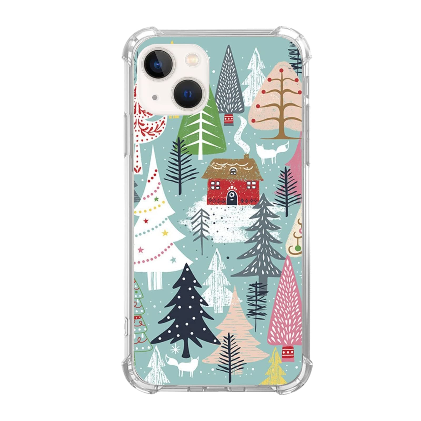 Aesthetic Christmas Village Trees and House Case for iPhone 13 Mini, Winter Silvan Snow Ground with Fox Cover for Girls Boys Women Men, Trendy TPU Bumper Cover Case for iPhone 13 Mini