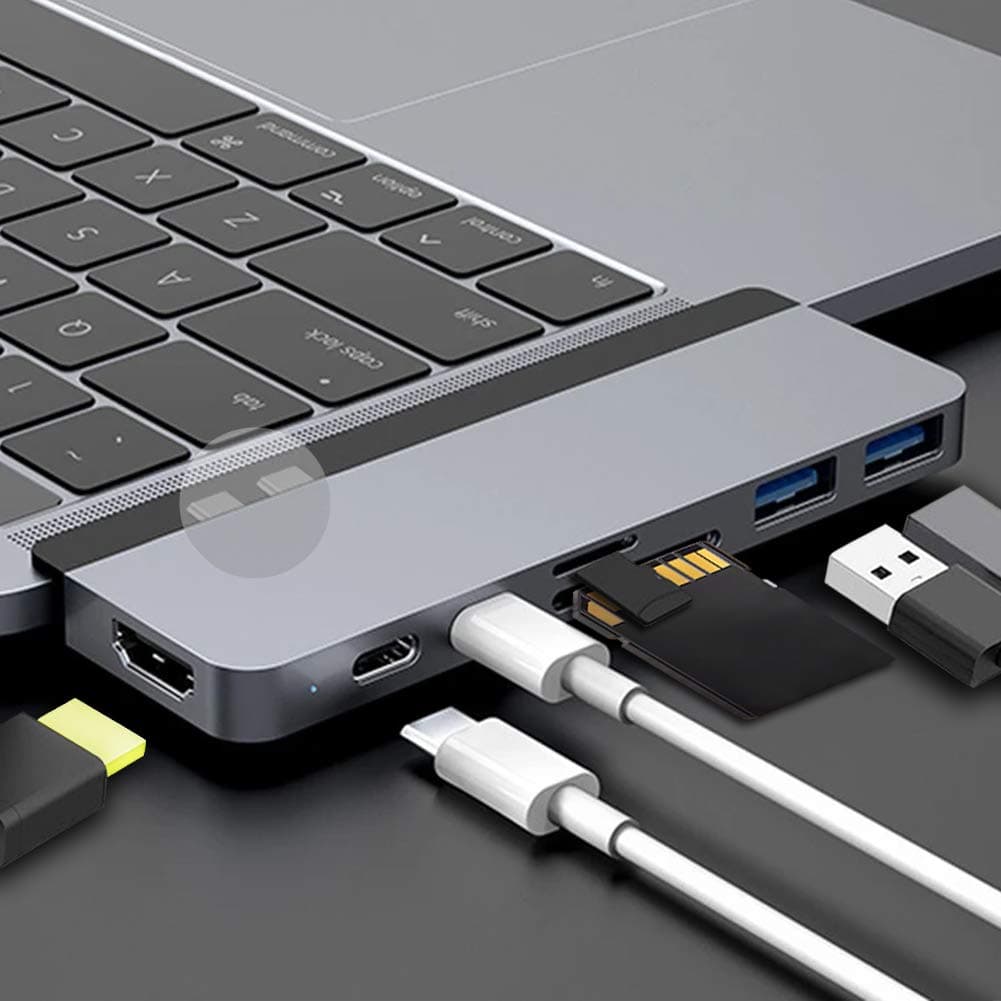 Hyperdrive USB C Hub, Sanho USB C Duo 7-in-2 with 100W PD, 4K60Hz HDMI, microSD/SD, 2 USB3.1, Magnetic Grip on MacBook Pro Air, Gray