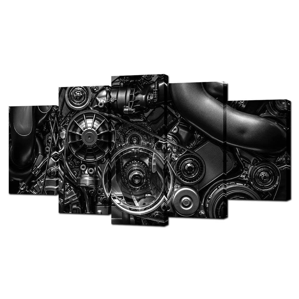 VVOVV Wall Decor - 5 Piece Canvas Prints Engine Engineering Closeup Gear and Chain Black and White Photos Wall Art Modern Home Decor Stretched and Framed Ready to Hang(60inchx32inch)